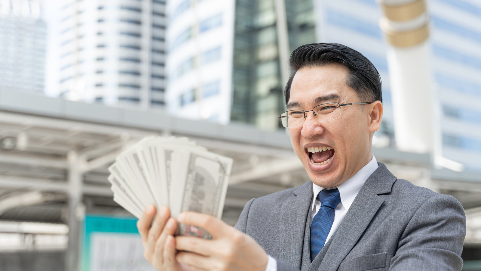 Happy Face Asian Business Man Holding Money Us Dollar Bills Business District Urban