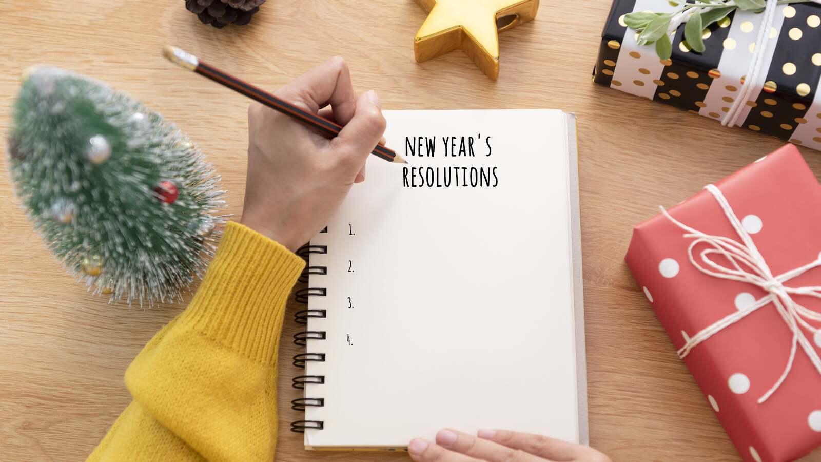 Woman Hand Writing New Years Resolution Note Paper New Year Day Min